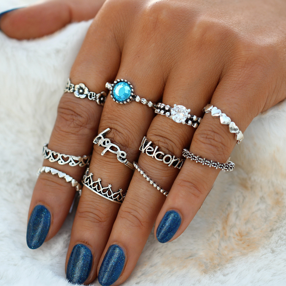 

Vintage Crystal Knuckle Ring Set Geometric Silver Rings
