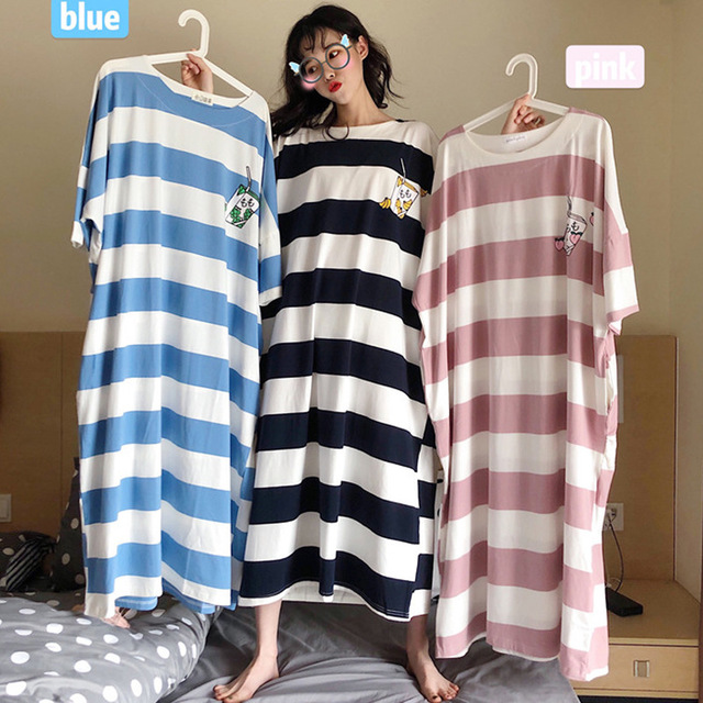 

Season New Casual Home Loose Over The Knee Long Paragraph Seven-point Sleeves Round Neck Striped A Word Dress Female