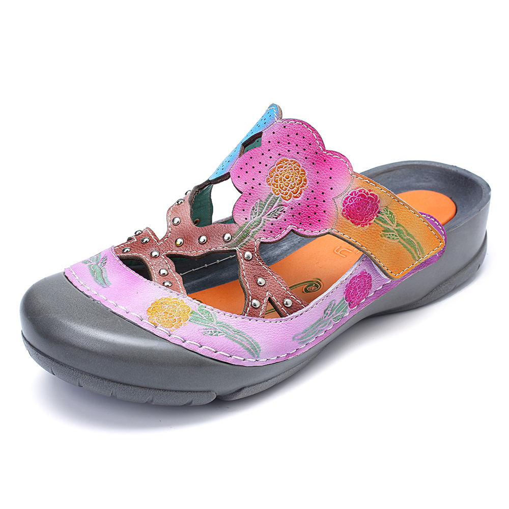 

SOCOFY Hollow Out Floral Pattern Hook Loop Wedge Sandals
