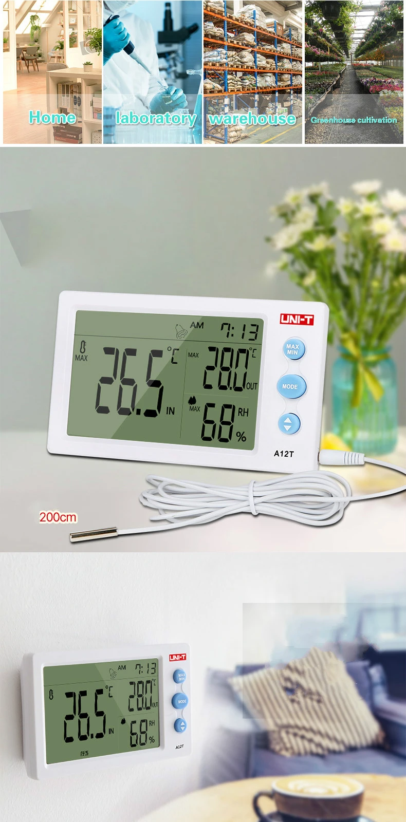 UNI-T A12T Digital LCD Thermometer Hygrometer Temperature Humidity Meter Alarm Clock Weather Station Indoor Outdoor