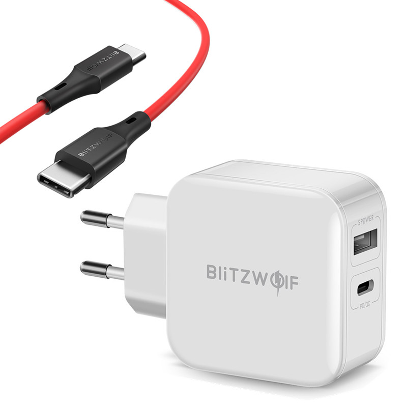 

BlitzWolf BW-S11 30 Вт Type-C PD / QC3.0 + 2,4 А Двойное зарядное устройство USB Адаптер EU + BW-TC17 3A USB PD Type-C до Type-C Кабель для зарядки данных 3 фута / 0,9 м