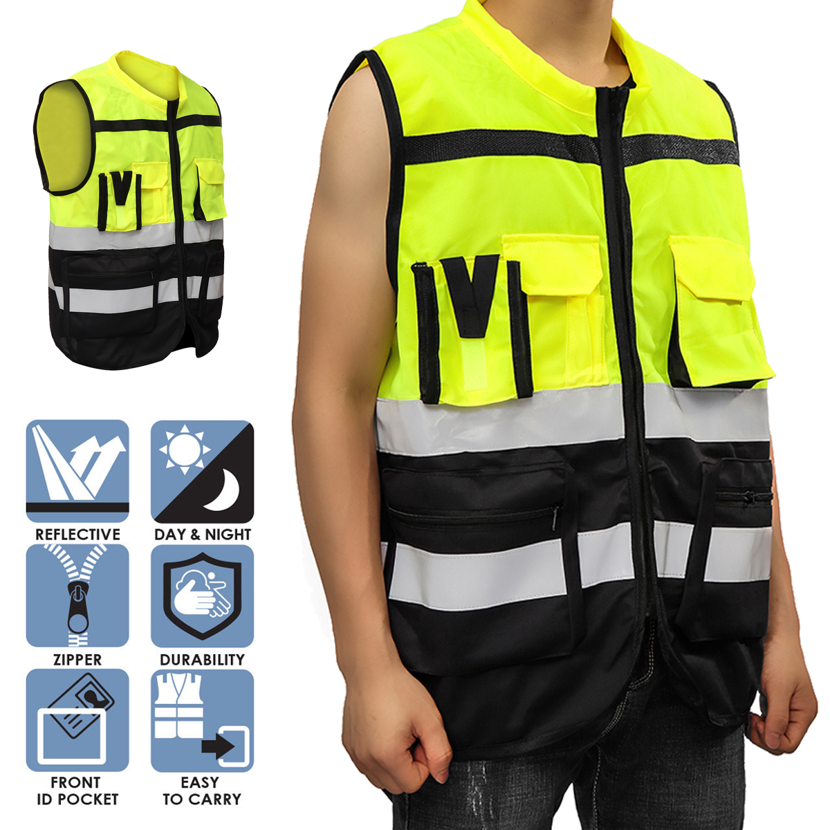

Safety Vest Reflective Driving Jacket Night Security Waistcoat + Pockets
