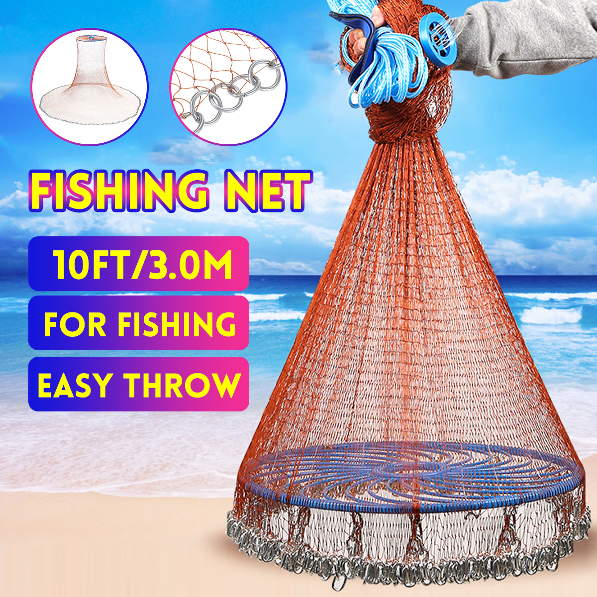 8FT Full Spread Mesh Wire Hand Throw Nylon Cast Fishing Net Spin Bait   i m 
