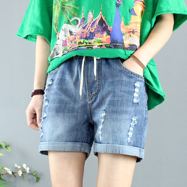 

Season New Jeans Literary Loose Casual Smile Embroidered Elastic High Waist Denim Shorts Female Was Thin