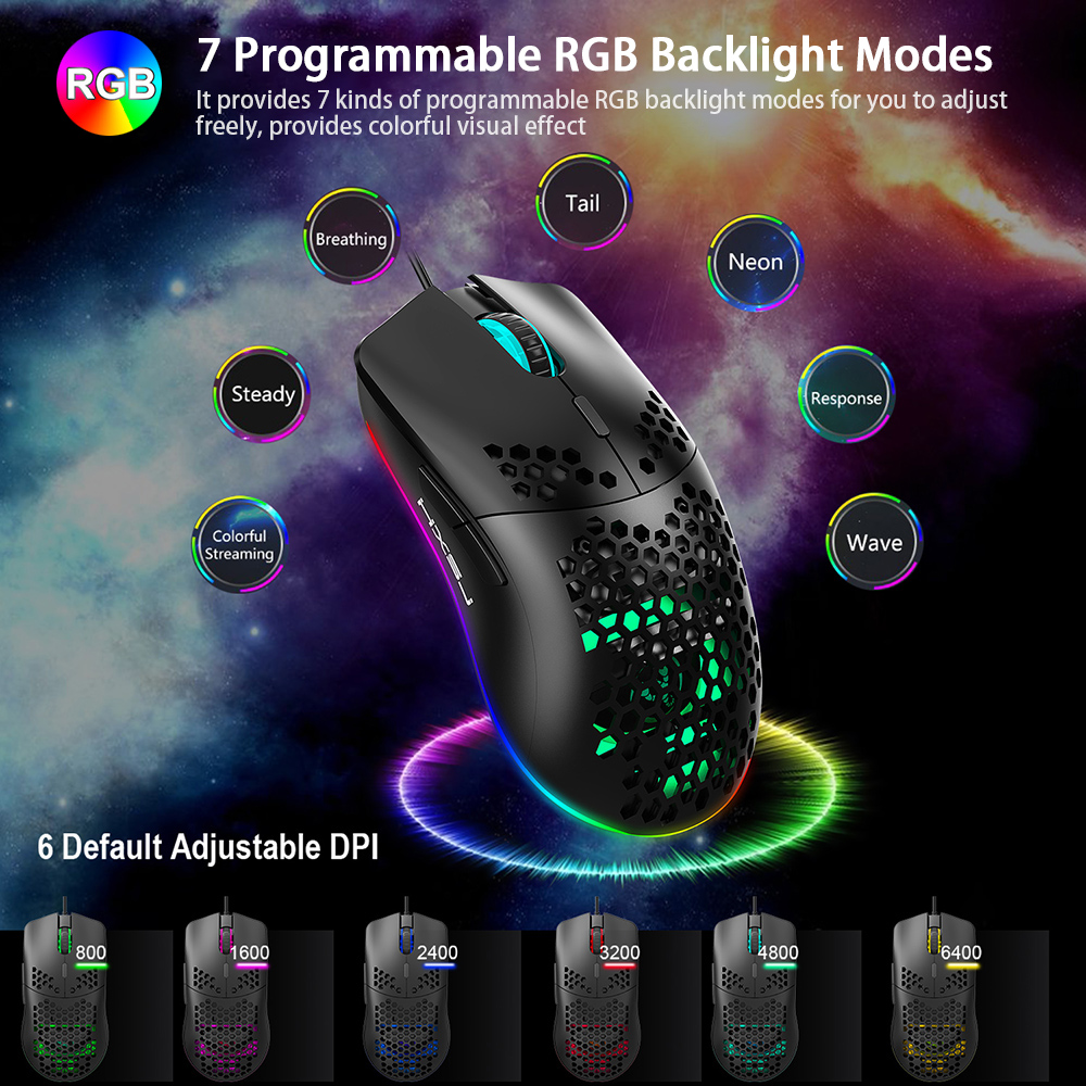 HXSJ J900 Wired Gaming Mouse Honeycomb Hollow RGB Game Mouse with Six Adjustable DPI Ergonomic Design for Desktop Computer Laptop PC 26