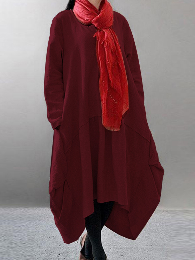 

Women Pure Color Asymmetric Hem Baggy Dress