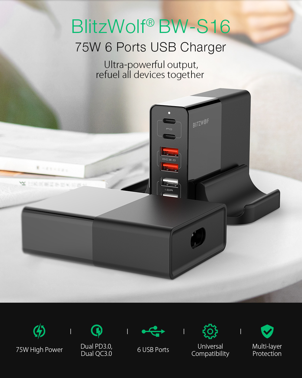 BlitzWolf® BW-S16 75W 6-Port USB PD Charger