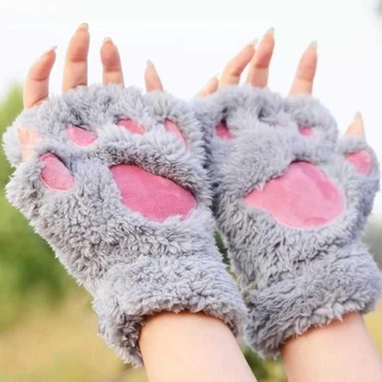 

Women Girls Fluffy Plush Bear Cat Paw Fingerless Gloves Paw Glove Winter Warm Mittens