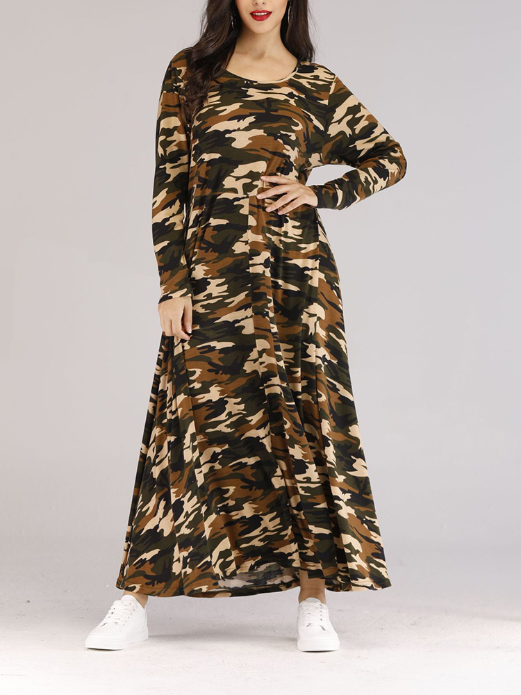 

Women Long Sleeve Camouflage Maxi Dress with Belt