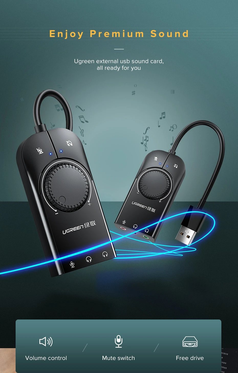 UGREEN USB Audio Adapter External Stereo Sound Card 2
