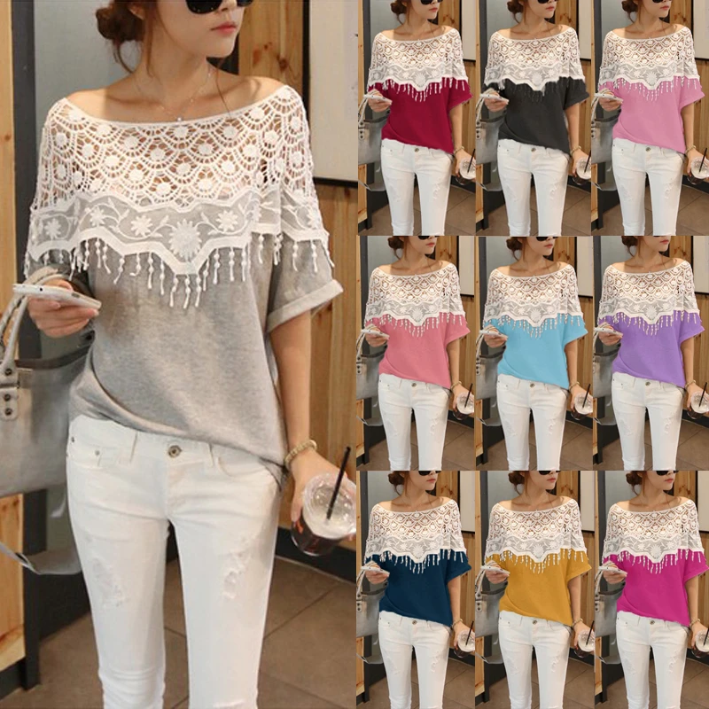 Casual Women Lace Crochet Hollw Out Batwing Sleeve Blouse