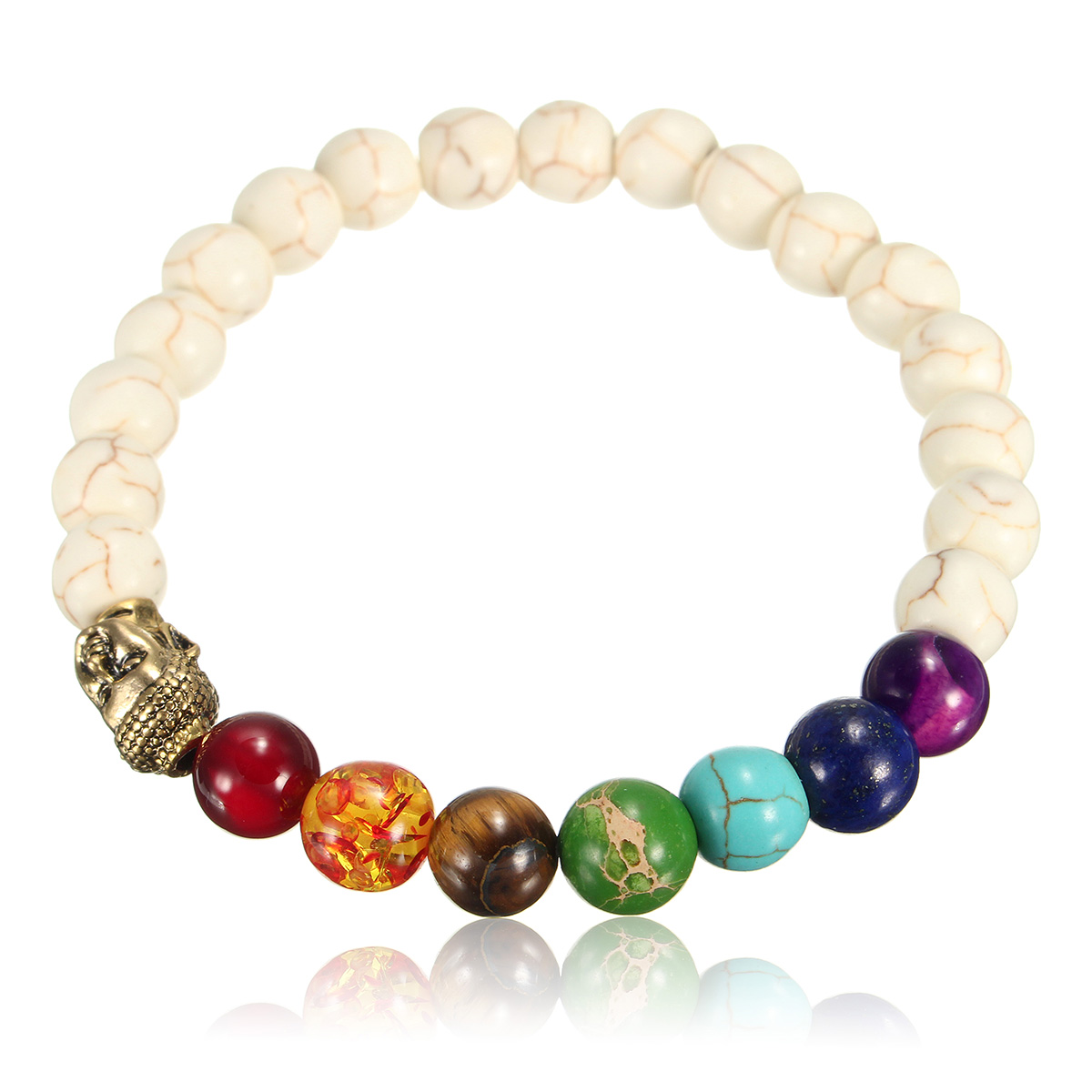 

Unisex White Stone Agate Colorful Beads Prayer Elastic Bracelet