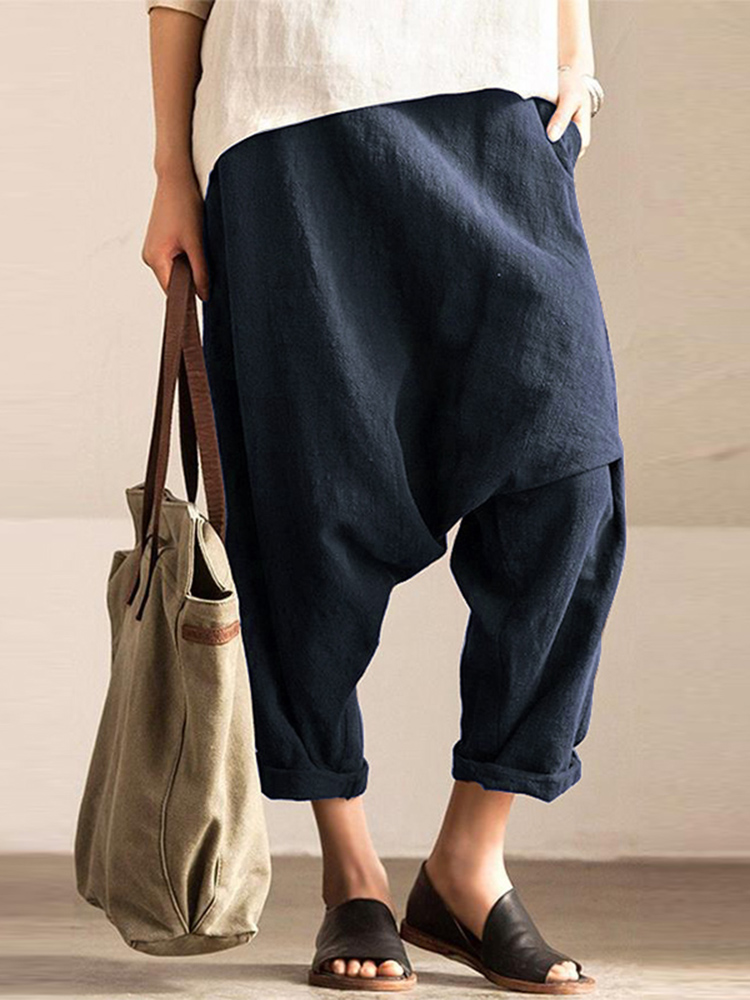 

Women Pure Color Cotton Elastic Waist Side Pockets Saggy Harem Pants