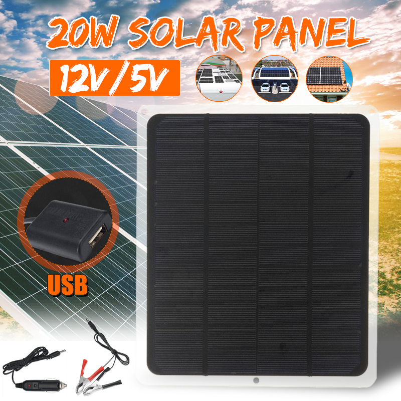 20W 12V Solar Panel For Phone Battery Charger RV Boat Camping 5V USB 2.0 Port 7