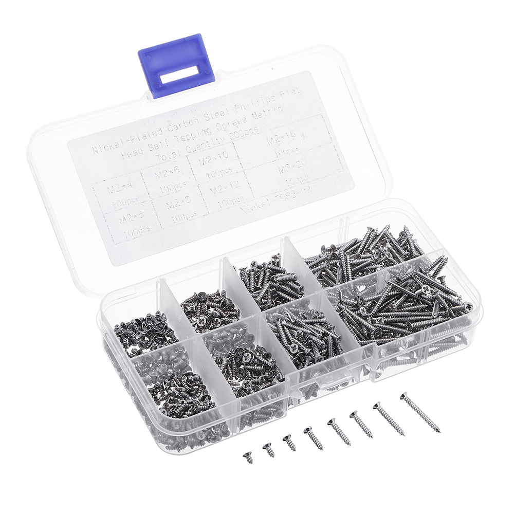 

Suleve™ M2CP1 800pcs M2 Phillips Screw Flat Head Nickel-Plated Carbon Steel Self-Tapping Woodworking Screws Assortment Kit
