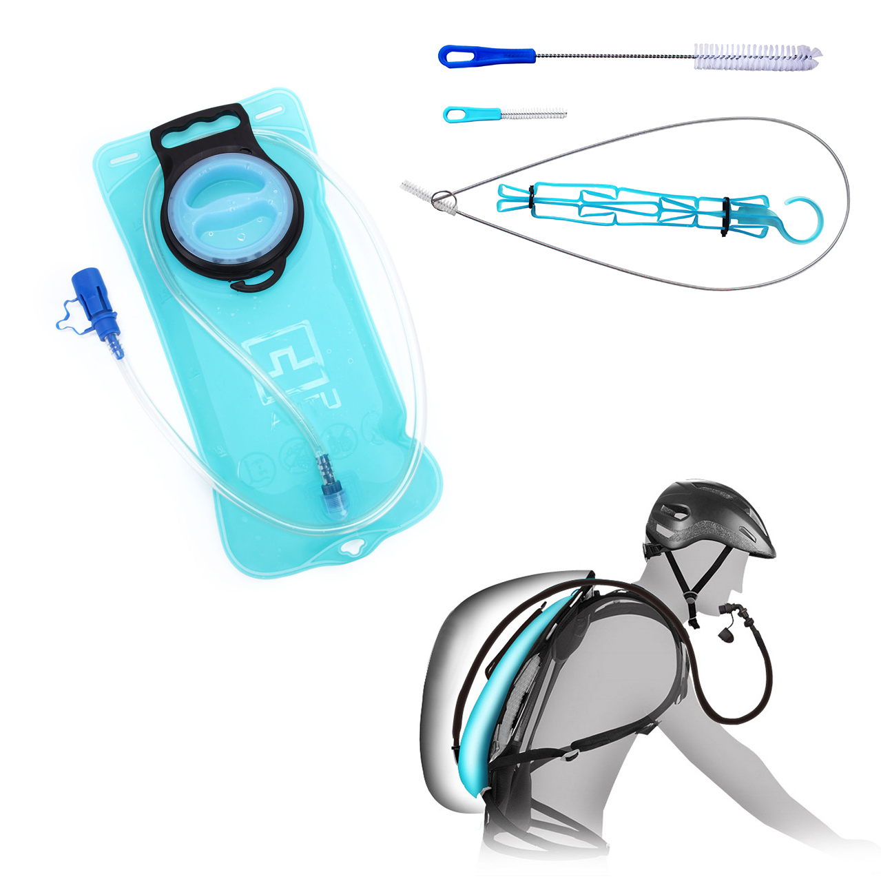 

AOTU 2L Bicycle Blue Water Bag Hydration Pack Small Nozzle Drinking Hiking Camping Running with 1 pc Cleaning Set