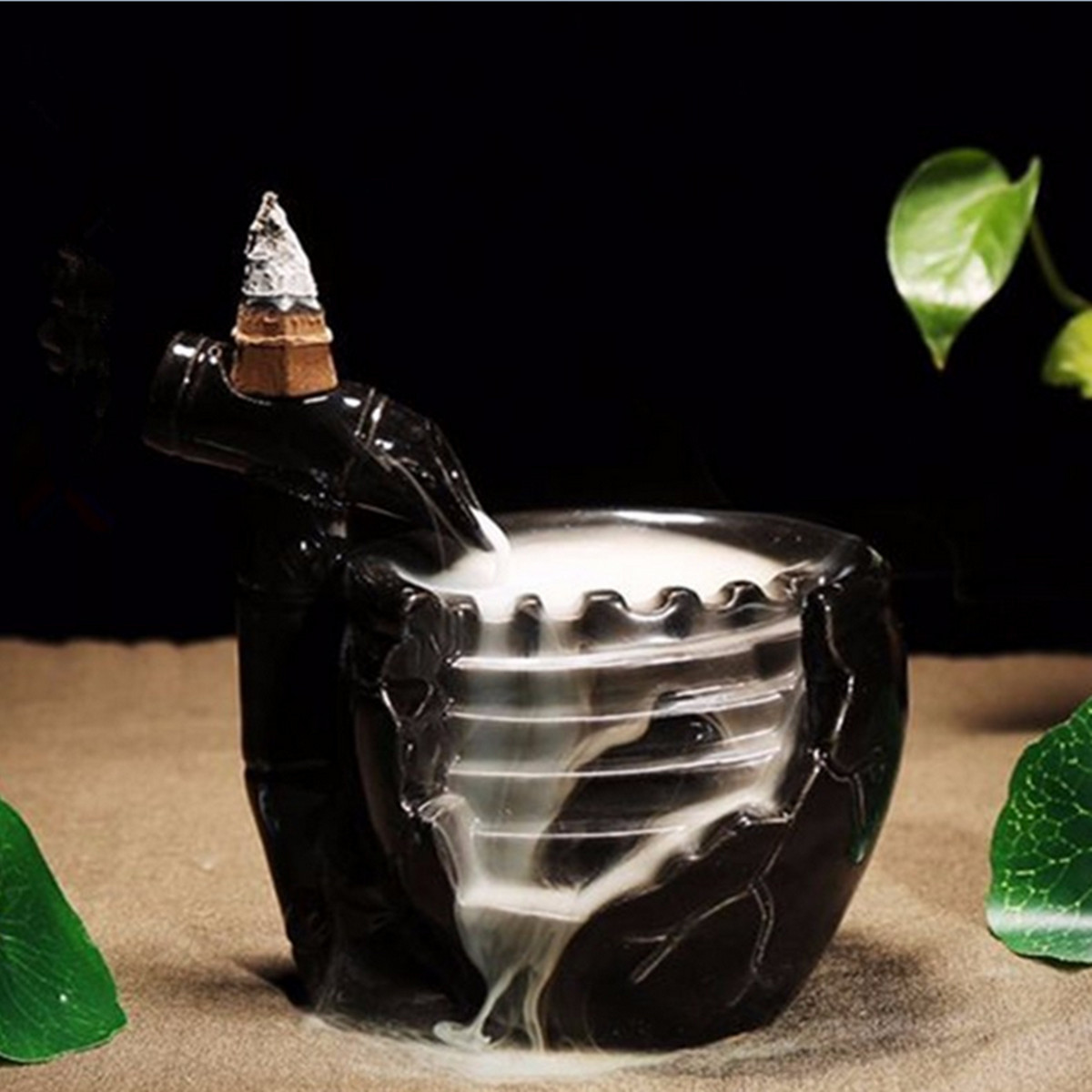 

Black Ceramic Waterfall Incense Burner Buddhist Backflow Censer Holder & 10 Cones
