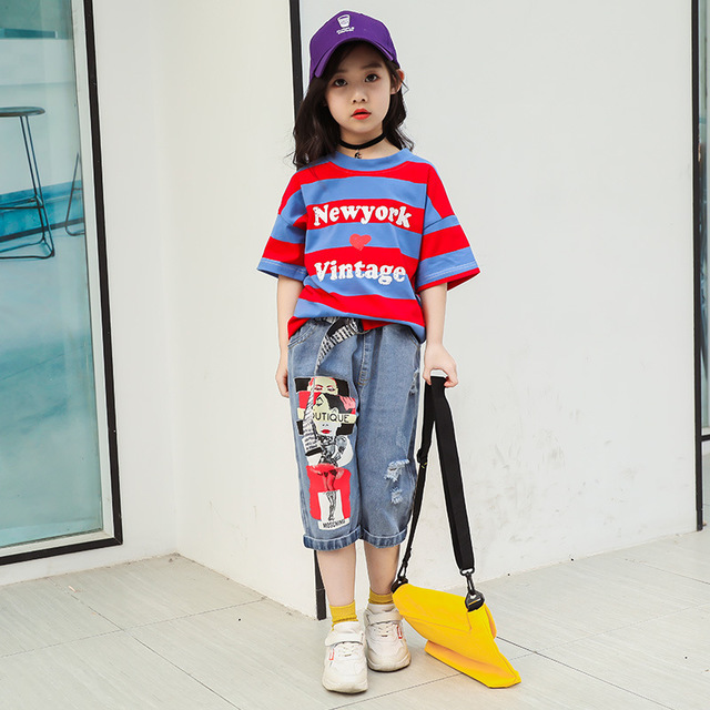 

Комплект для девочек с коротким рукавом Новая детская одежда Big Boys Ocean Stripe Set из двух частей Tide Fashion