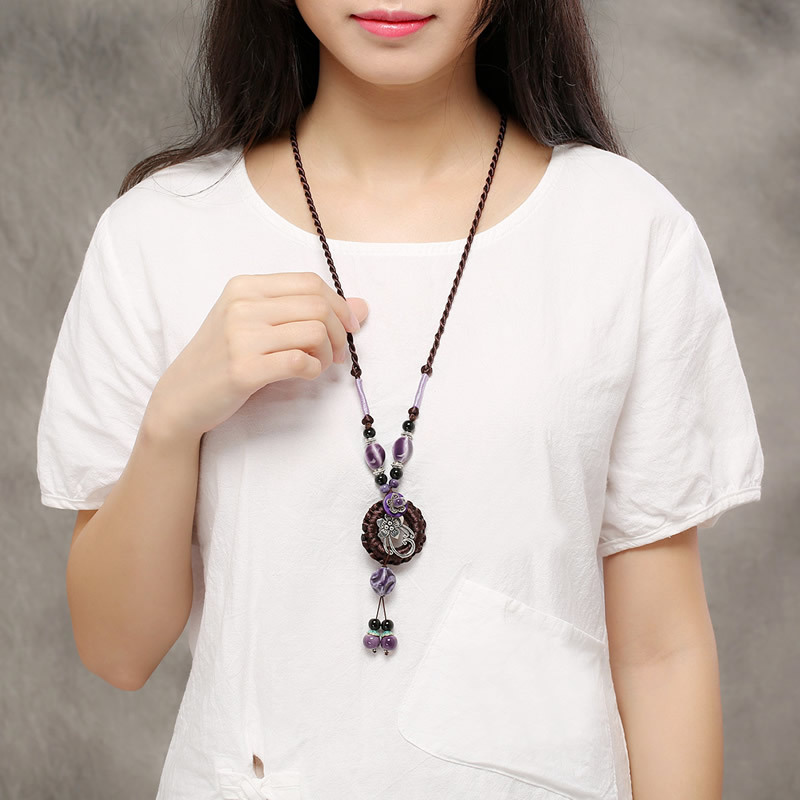 

Этническое женское цветное ожерелье Винтаж Фиолетовый Керамический Дроп кисточки Кулон Регулируемые ожерелья