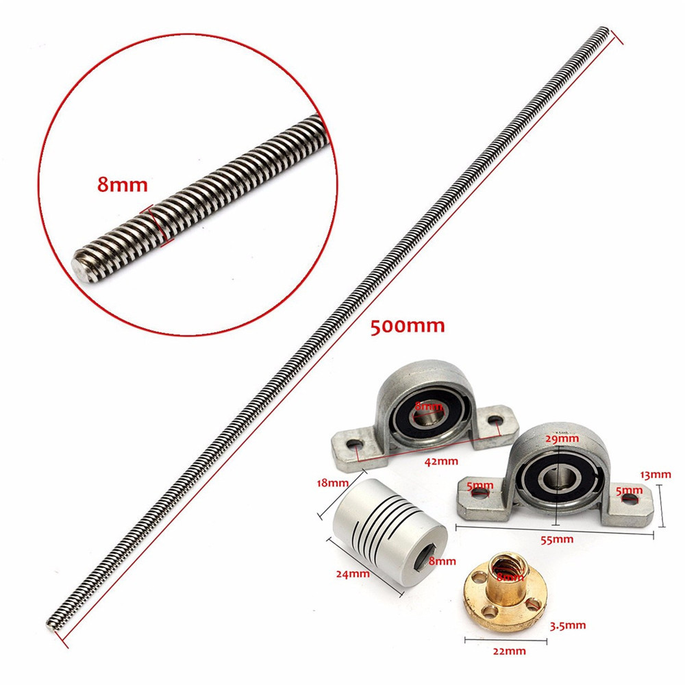 T8 500mm Lead Screw Set with Shaft Coupling and Mounted Ball Bearing