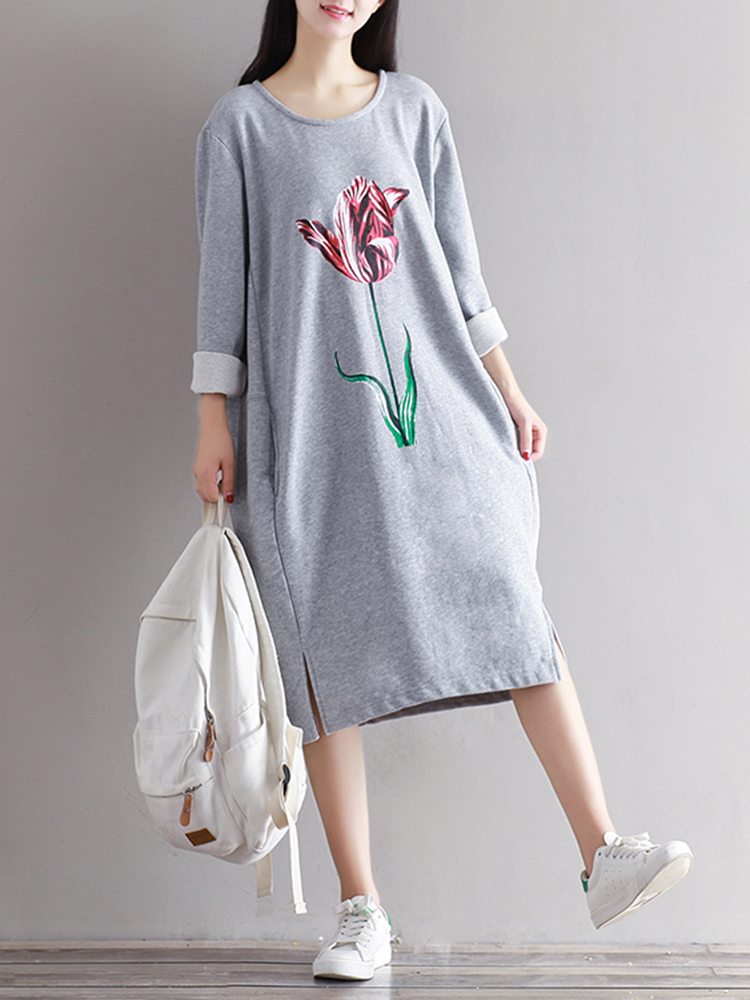 

Повседневный Женское Цветочный печатный длинный рукав Пуловер Платье