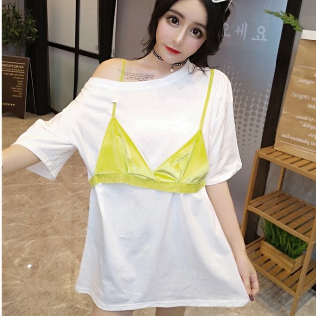 

Season New Fashion Women's Long Section Oblique Shoulder Hong Kong Version Of The Two-piece Loose Short-sleeved T-shirt Tops Tide