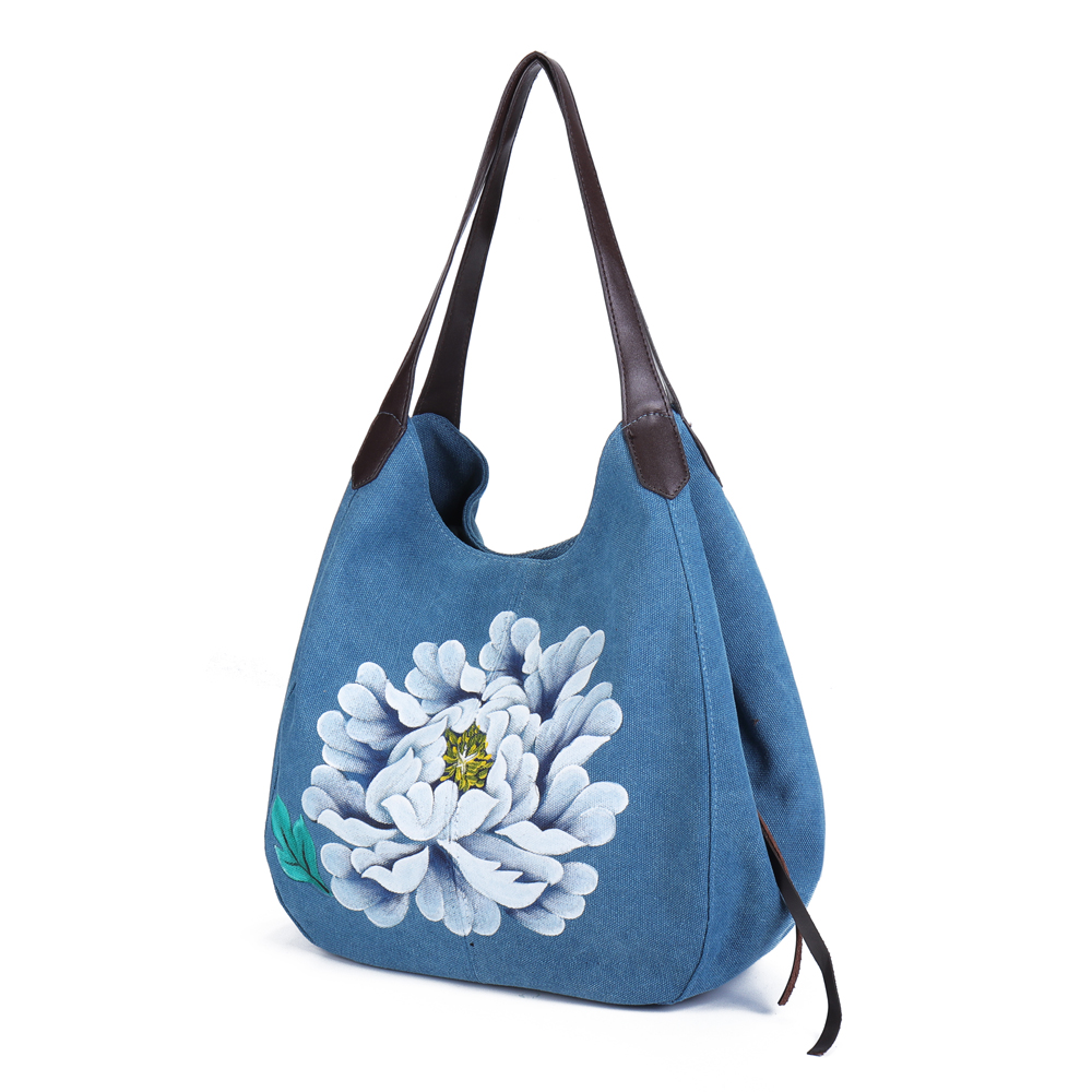 

Brenice Women Hand Painted Lotus Handbag Casual Chinese Style Shopping Bag Shoulder Bag