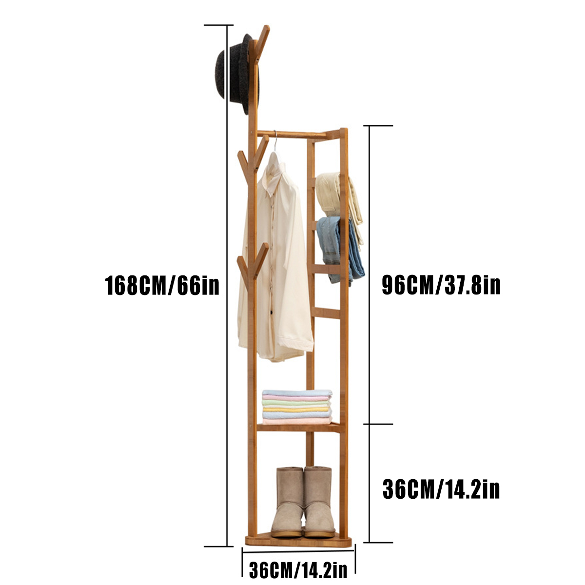 Garment Coat Rack Stand Clothes Wooden Hanger Hat Bag Umbrella Hook Holder Shelf 9