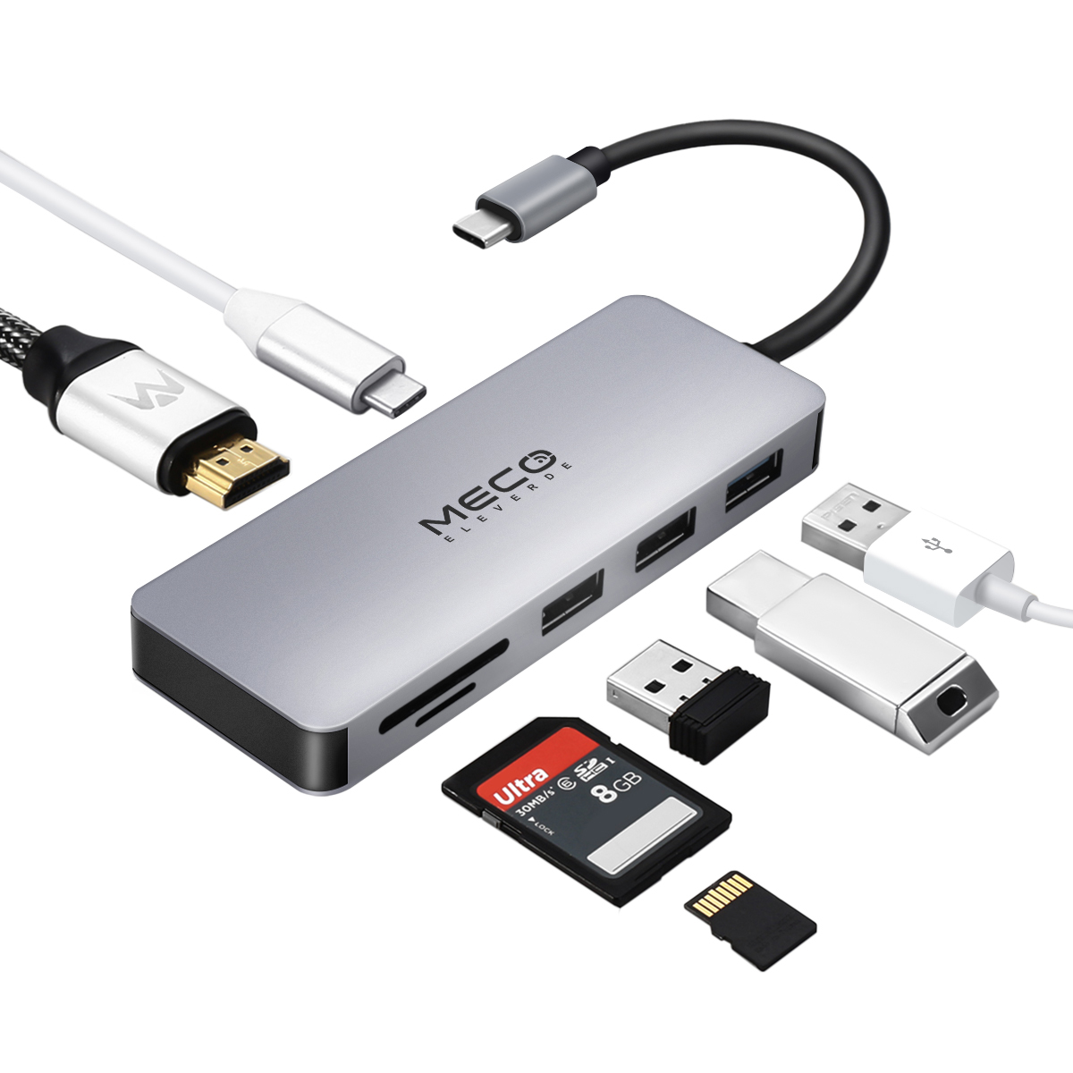 

MECO 7 in 1 Type C Hub USB C to 4K HDMI USB3.0 TF SD Card Reader With Type C PD Charging Port