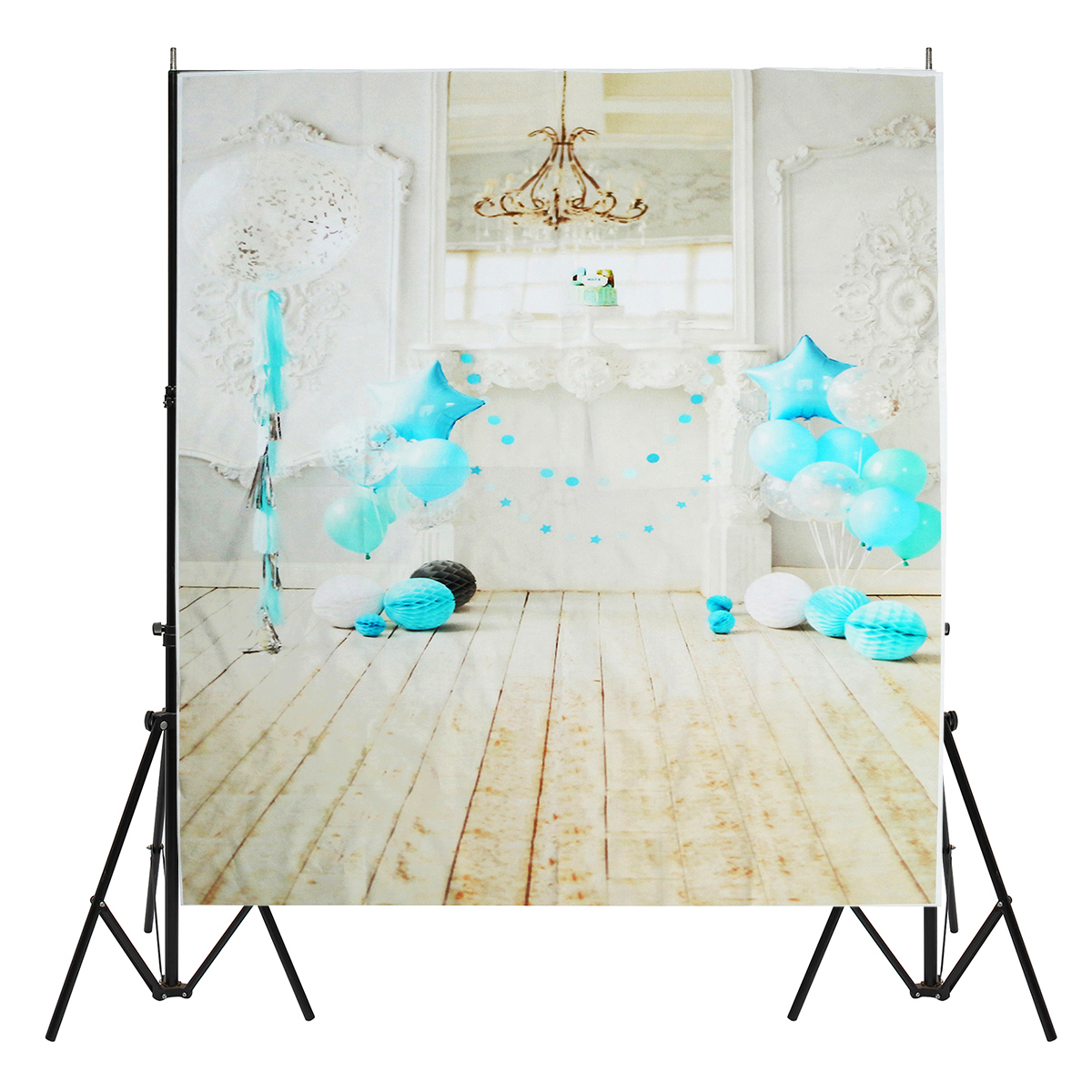 

5x7FT Vinyl Blue Balloon Fireplace Wood Floor Backdrop Background Studio Prop