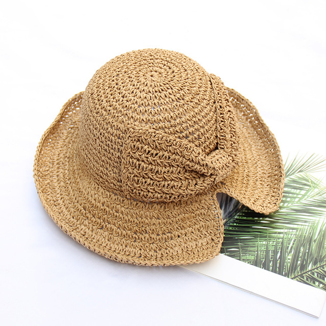

Small Along The Beach Straw Hat Ladies Day Seaside Sunscreen Bow Fisherman Hat Foldable Cover Face Sun Hat