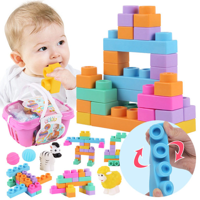 

Children's Animal Soft Plastic Building Blocks Early Education Enlightenment Large Particles 26pcs Barreled Teeth Bite Bite Spell Insert Toy