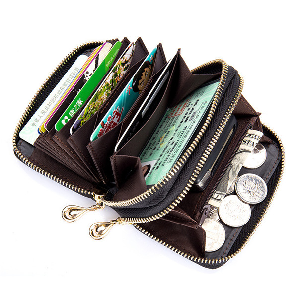 

Women Men Sheepskin RFID Double Zipper Card Holder Knit Short Purse Wallets Coin Bags