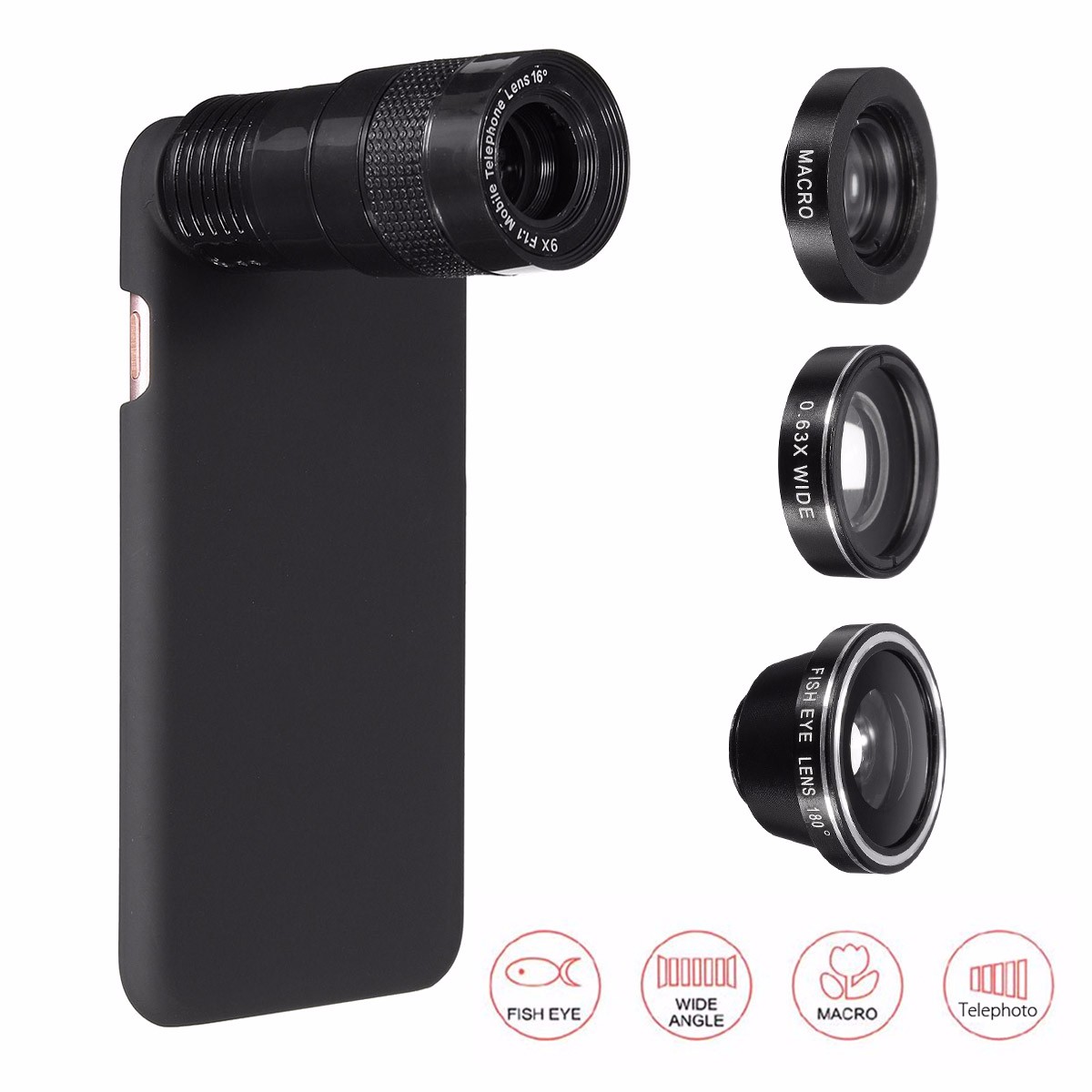 

5 In 1 9X Telephoto 0.63X Wide Angle Macro Fisheye Camera Lens+Case For iPhone 7