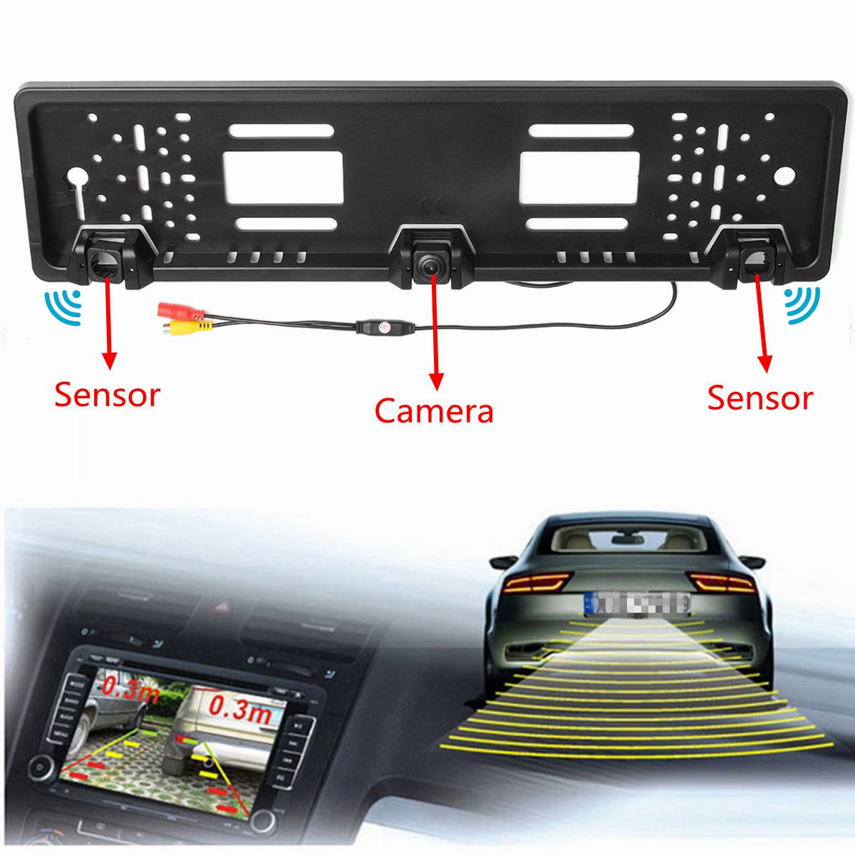 Car inversion de caméra HD Vue arrière de la plaque d'immatriculation UE + capteur de stationnement Radar Probe