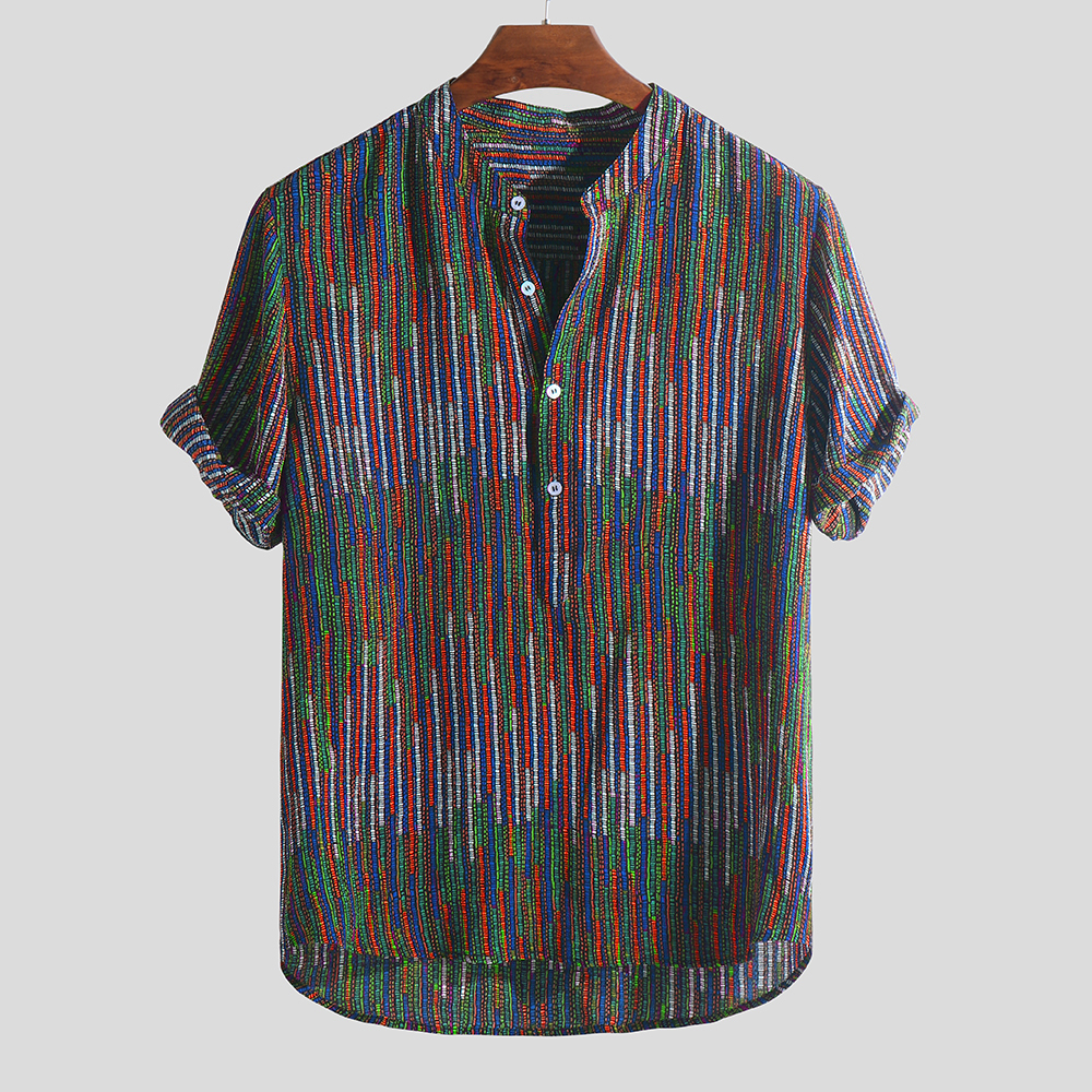 

Mens Ethnic Style Printed Colorful Stripe Loose T-shirts Stand Collar Henley Shirts