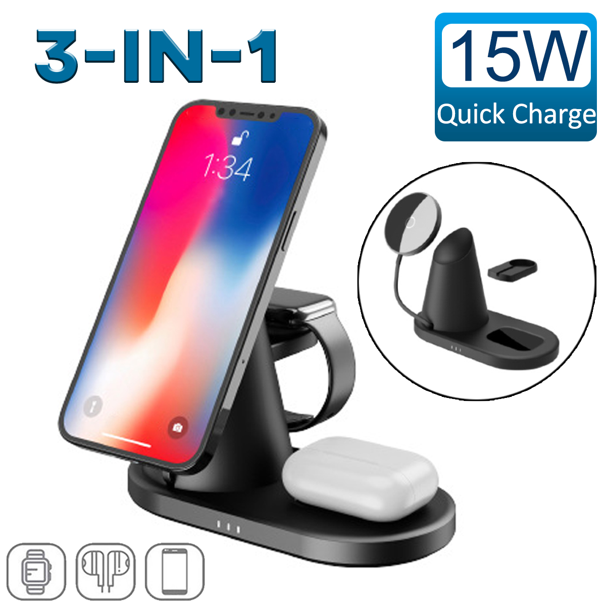 Find 3 In 1 15W Fast Charging Magnetic Station Wireless Charger For iPhone 12/13 for Sale on Gipsybee.com with cryptocurrencies
