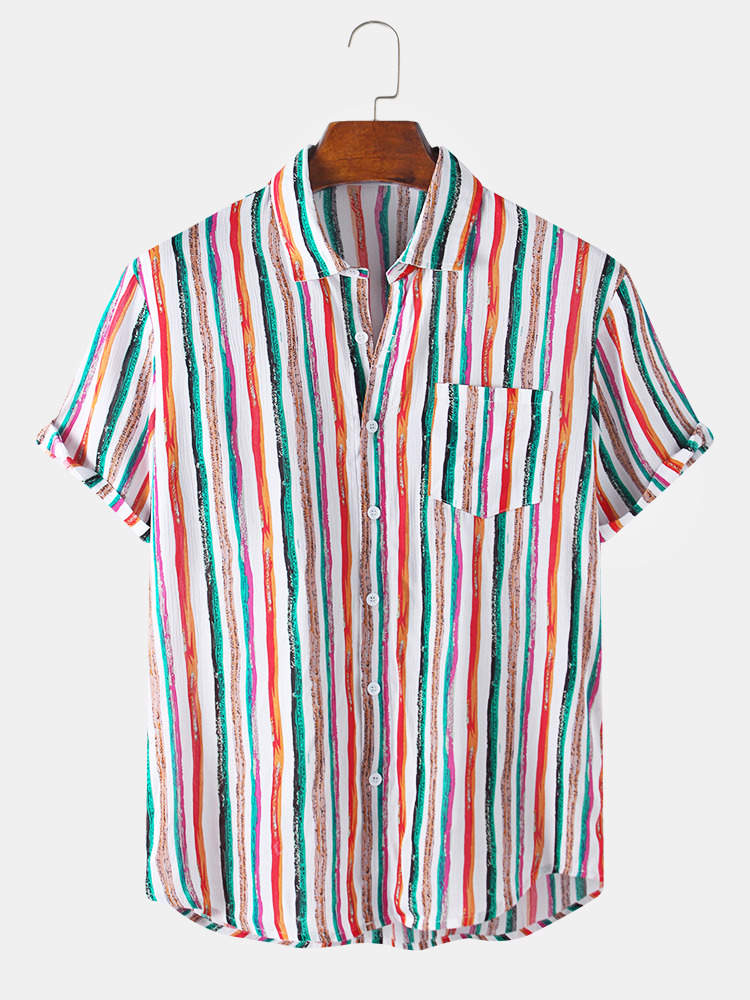 Mens new colorful striped turn down collar short sleeve shirts Sale ...