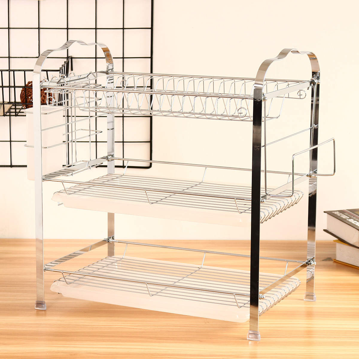 3 Layer Tier Chrome Alloy Dish Drainer Cutlery Holder Rack Drip Tray Kitchen
