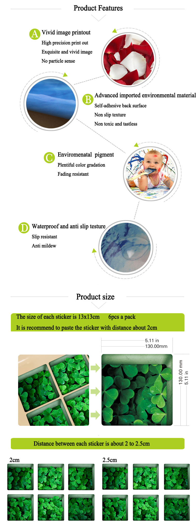 PAG 6pcs 13x13cm Roseleaf Pattern 3D Anti Slip Waterproof Bathtub Sticker