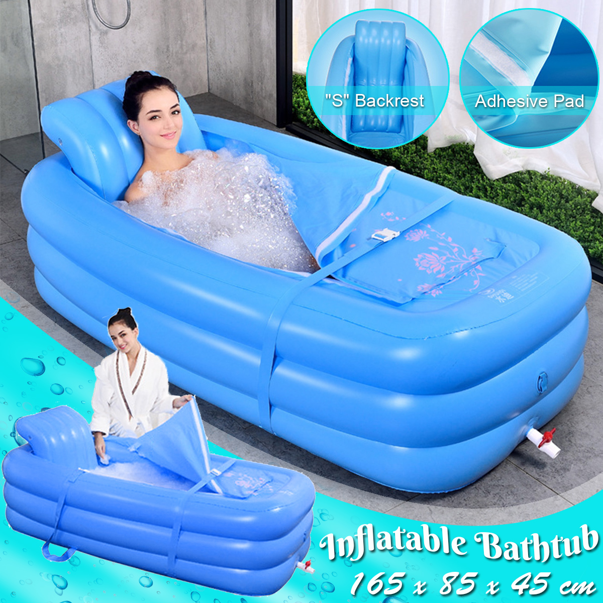 165x85x45cm Bathtub Inflatable Tub Portable Travel Bath Adult Spa Pool Warm Bathtub Folding 1