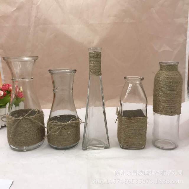 

Creative Handmade Hemp Rope Decorative Bottle Nordic Glass Vase Inserted Vase Desktop Ornaments Dried Flower Vase