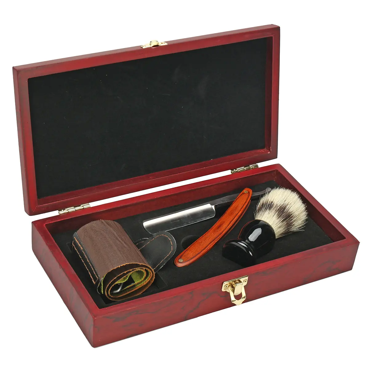 4Pcs Shaver Kit Razor Brush Strop Wooden Box Set
