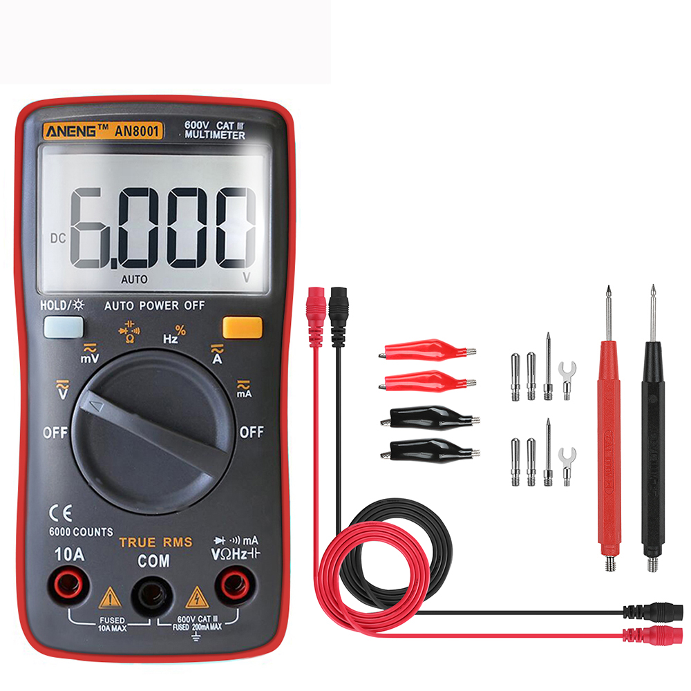 

ANENG AN8001 Red Professional True RMS Digital Multimeter 6000 Counts Backlight AC/DC Ammeter Voltmeter Resistance Capacitance Frequency Tester + Test Lead Set