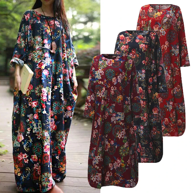 Floral Print Dress Loose Casual Long Sleeve Maxi Dresses For Women