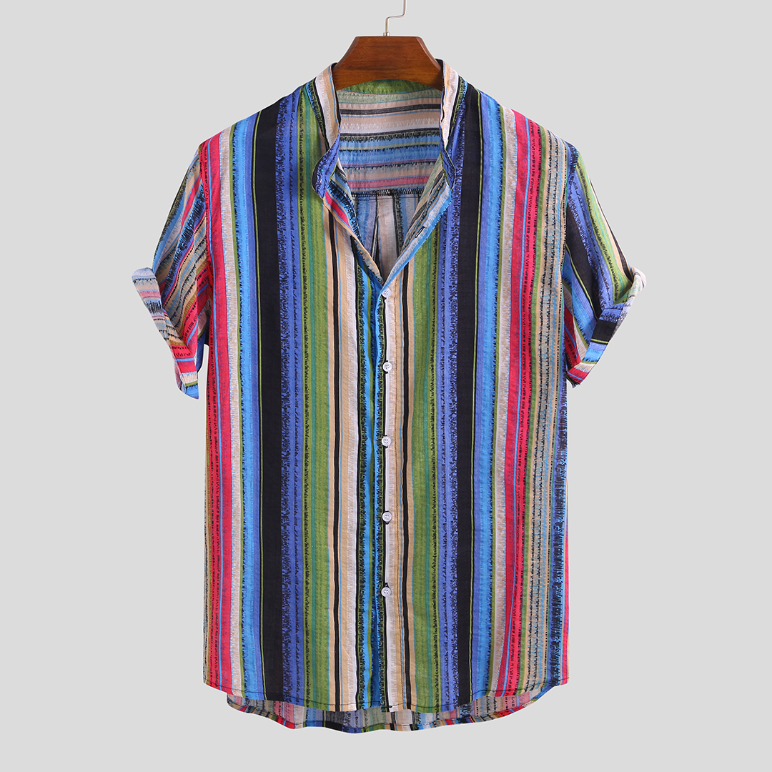

Men Mix Color Stripe Short Sleeve Stand Collar Hawaiian Shir