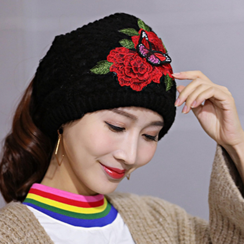 

Women's Ethnic Red Peony Embroidery Ponytail Hair Band Cap