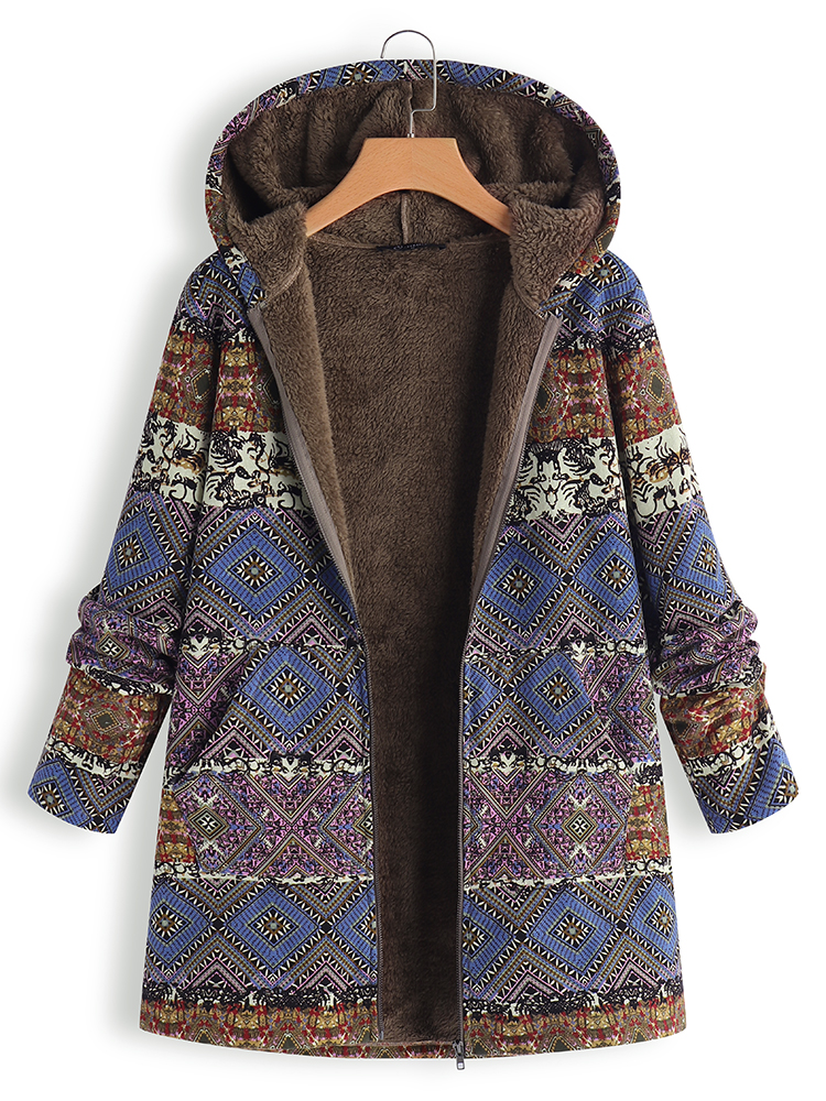 

Floral Print Fleece Thicken Hooded Long Sleeve Vintage Coat