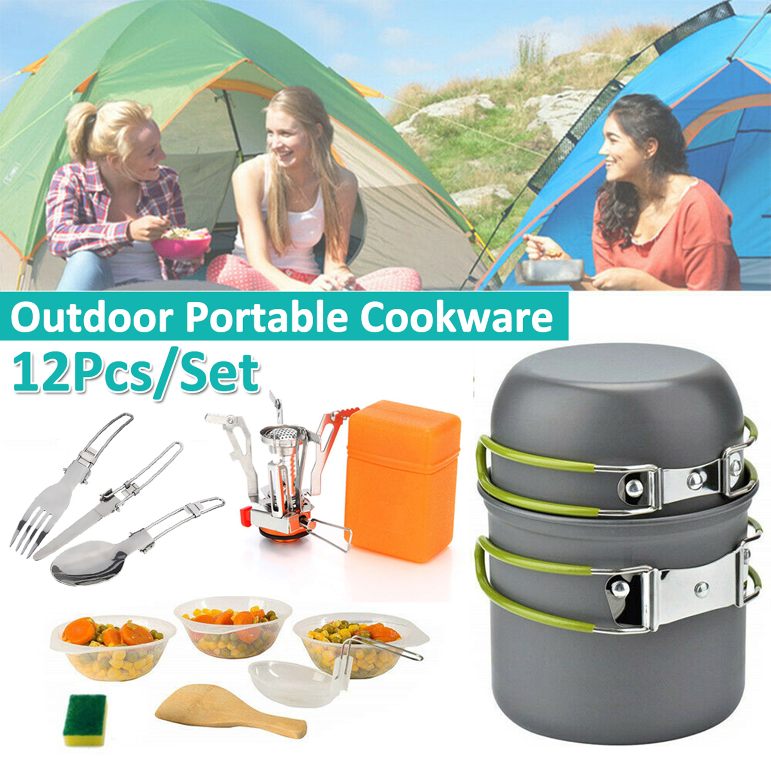 GL Portable Light Outdoor Camping Cookware Sets Gas Stove with Foldable Tableware Pan Dishwashing Sponge Hiking Picnic Tool 18