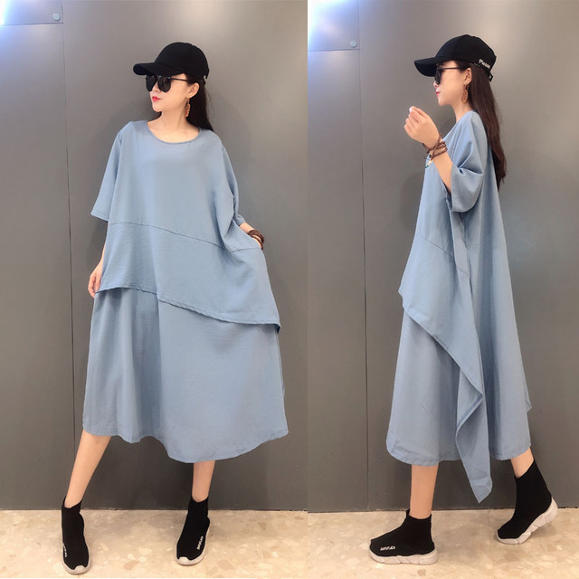 

Yqh New Literary Loose Large Size Women's Fat Mm Over The Knee Long Paragraph Elegant Dress